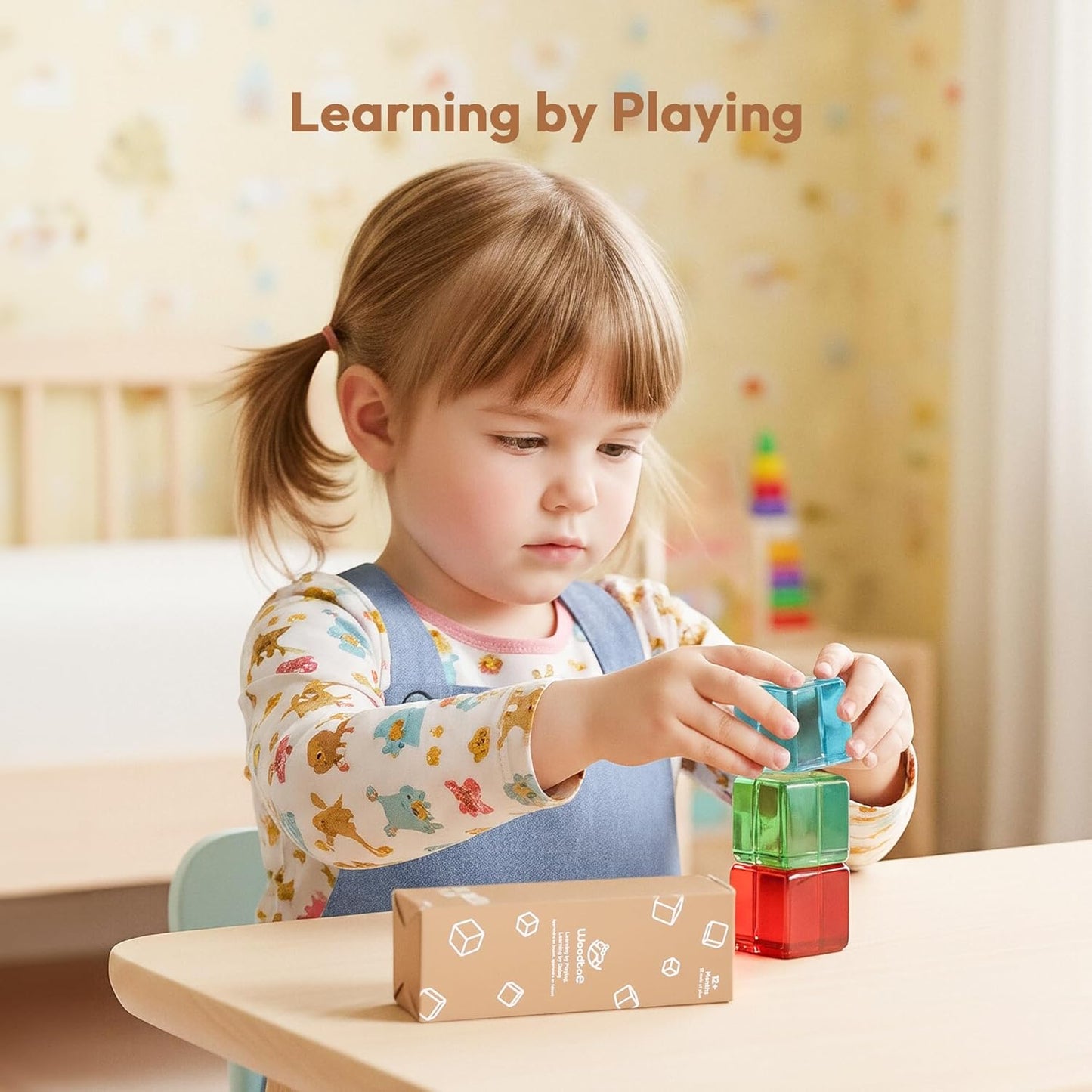 Woodtoe Large Building Blocks for Toddlers, Montessori Toys for 1 2 3 Year Old Boy Girl, No Choking Hazard Toys for Age 2-4 Kids Baby, Rainbow Acrylic Block Set, Sensory Birthday Toy Gifts for Kid