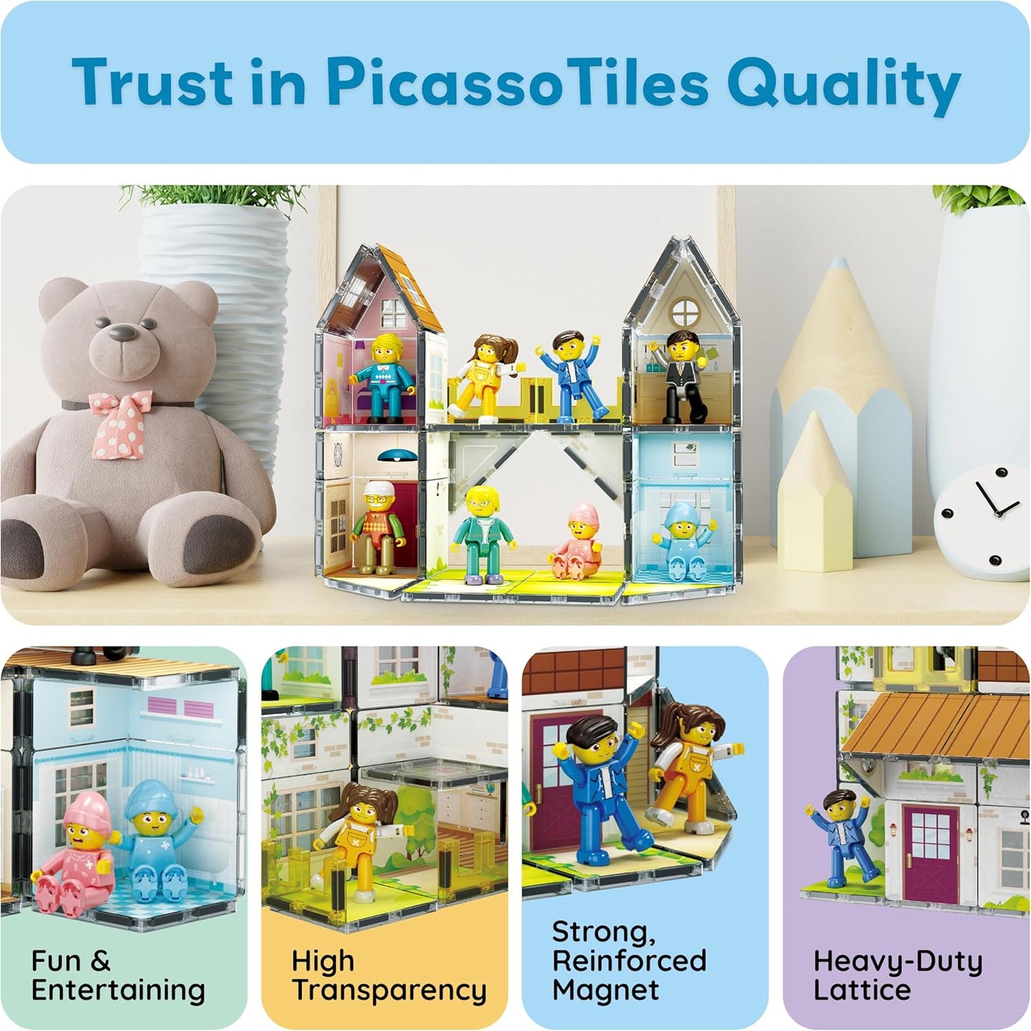 PicassoTiles 60pc Magnetic Tile Princess Castle Building Set with Double Sided Printed Tiles 2 Character Figures STEM Educational Toy Kit for Kids Pretend Play Montessori Learning Ages 3 to 8 PTQ04