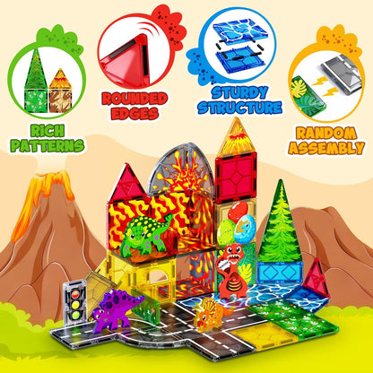 Magnetic Tiles with 4 Dinosaur Toys - Jurassic Scenes Dino World Magnet Tiles for Kids, Magnetic Building Blocks Set for Boys Girls Ages 3+, Sensory Toddler Creative Games Birthdays Gifts
