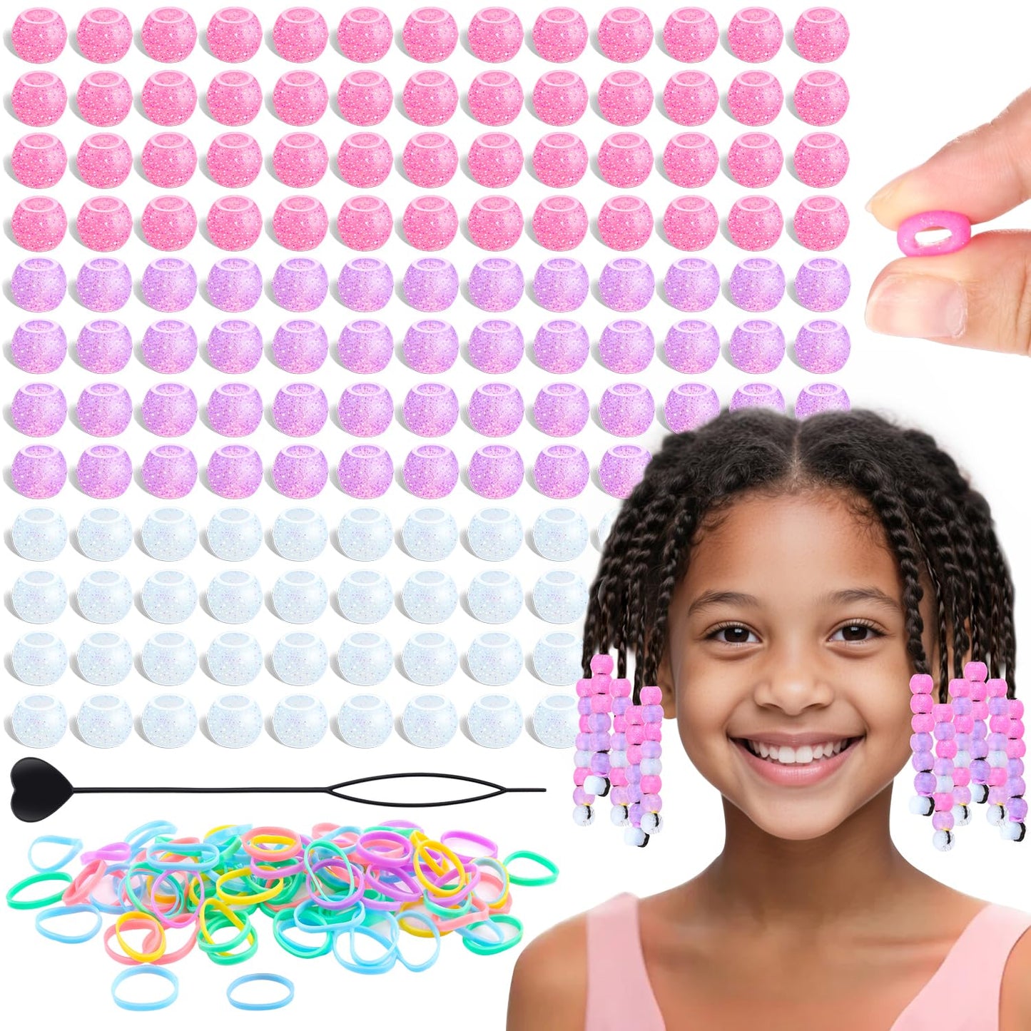 150Pcs 10mm Small Silicone Beads for Hair Braids, Soft Jellyish Pony Hair Beads with 5mm Hole + 50 Rubber Bands and 1 Beader for Braiding, DIY Bracelets Necklaces Crafts (Pink)