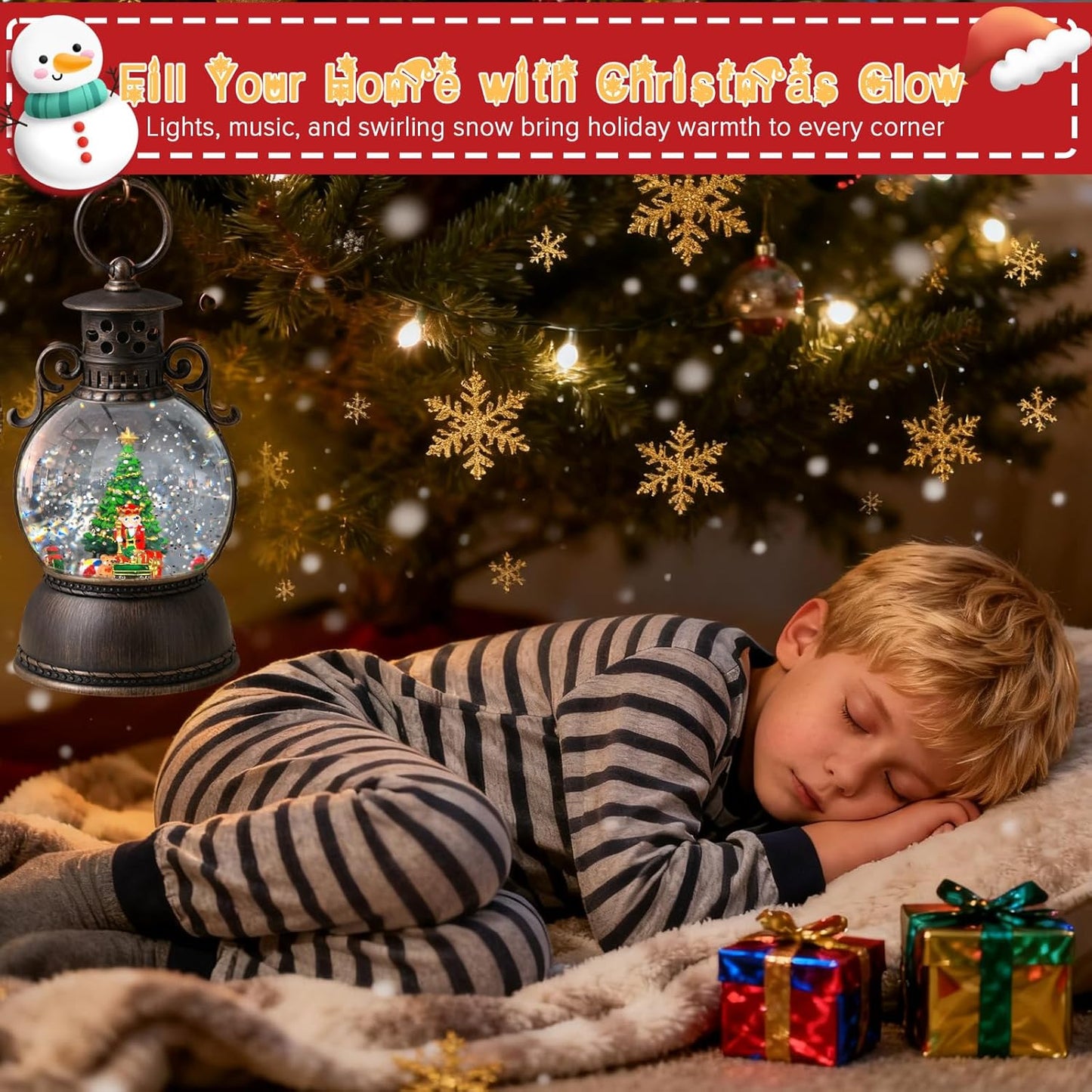 2026 Christmas Tree Train Lighted Musical Snow Globe Lantern Glittering Water Swirling Snowfall Singing Light up Decorative Holiday Decoration, 6H Timer, USB/Battery Operated, Home Décor Accent Gift