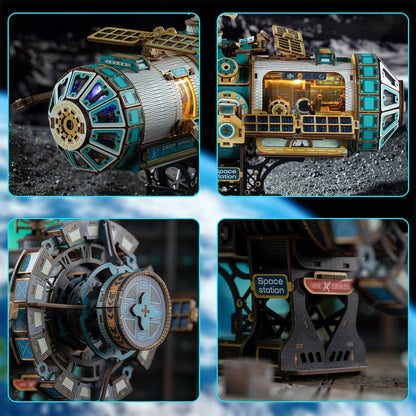 3D Wooden Puzzles for Adults - Space Station Mechanical Model Kit with Lights & Music, 511PCS Adult Wooden Puzzles, DIY Building Toy for Teen & Adults, Miniature House Kit for Birthday Father's Day