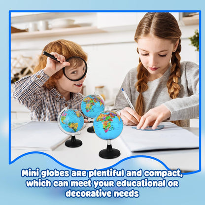 16 Pcs 3.4 Inches Mini World Globes Rotating Geographic Earth Map Globe with Stand for Learning Educational Classroom Desk Table Decoration, Blue