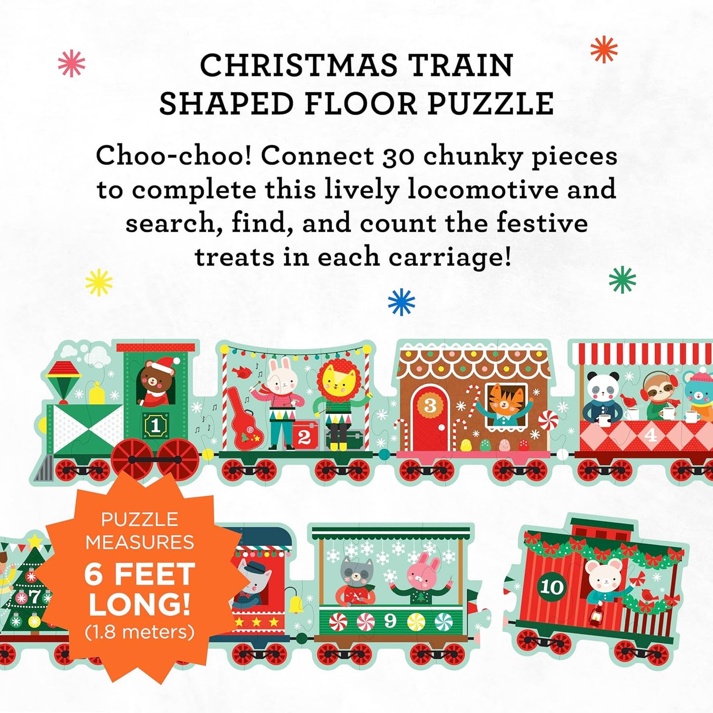 Petit Collage: Christmas Train Shaped Floor Puzzle - Giant 6ft Long 30-Piece Holiday Floor Jigsaw for Toddlers 3+ – Chunky Pieces with Box Handle – Eco-Friendly Seek-and-Find Gift for The Holidays