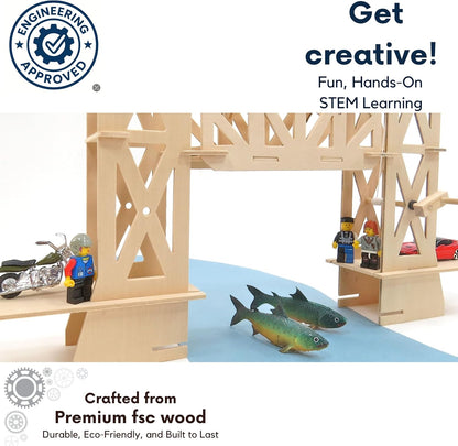 PATHFINDERS STEM Kit – Strauss Lift Bridge Model – DIY Wooden Engineering Build Kit for Kids Teens & Adults – Working Drawbridge Mechanism – Educational Gift