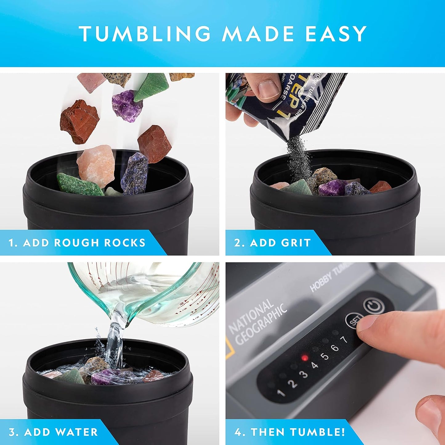 NATIONAL GEOGRAPHIC Rock Tumbler Refill Kit – 1 Lb. Madagascar Rocks for Tumbling with Rose Quartz, Red Jasper, Indigo Gabbro & More - Tumbler Supplies, Rock Polishing Grit and Jewelry Accessories