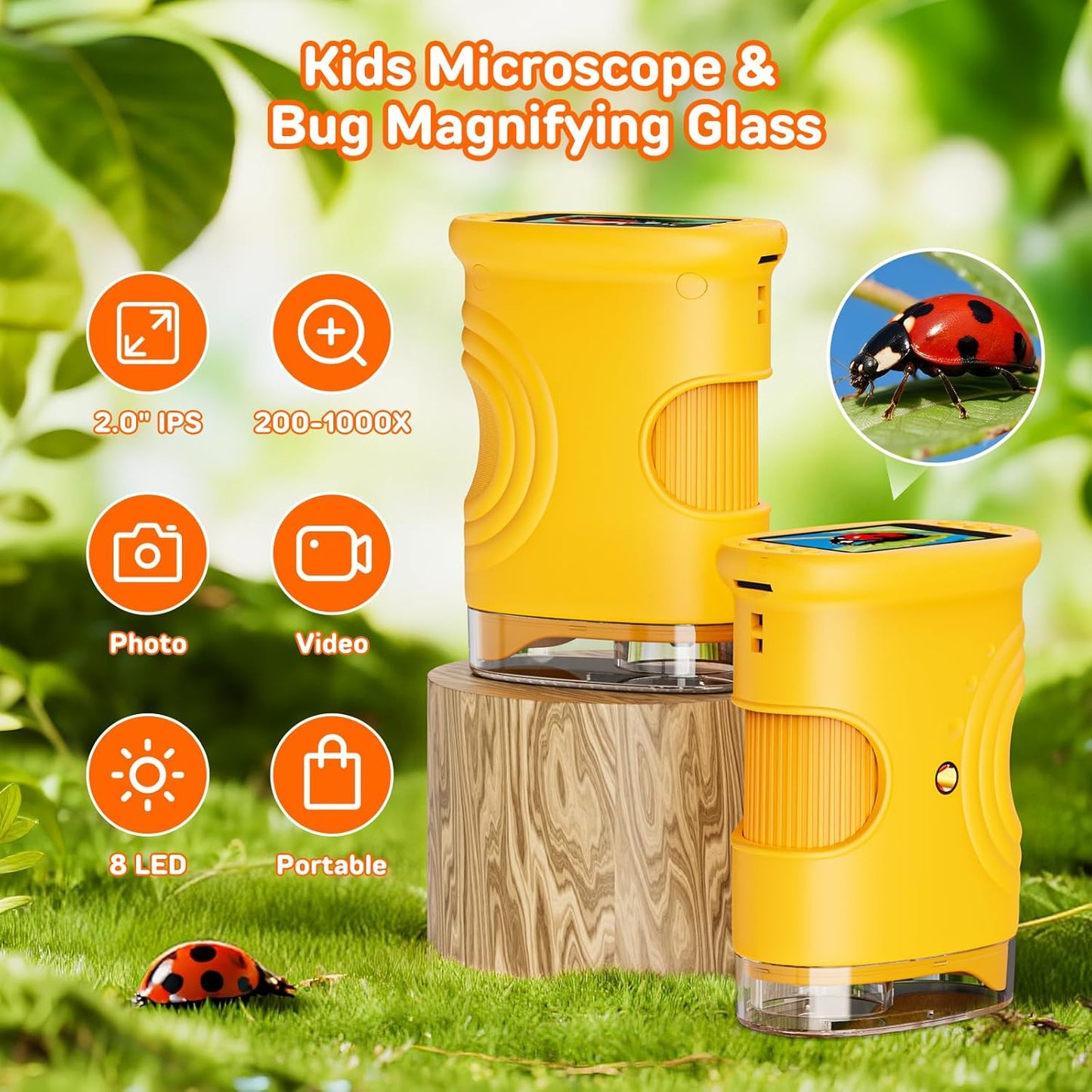 1000X Digital Handheld Microscope for Kids with 2.0" IPS Screen, Outdoor Toys Portable STEM Science Lab Gifts, Rechargeable Pocket Microscope Educational Toy for Boys & Girls Age 4-6 8-12, Orange