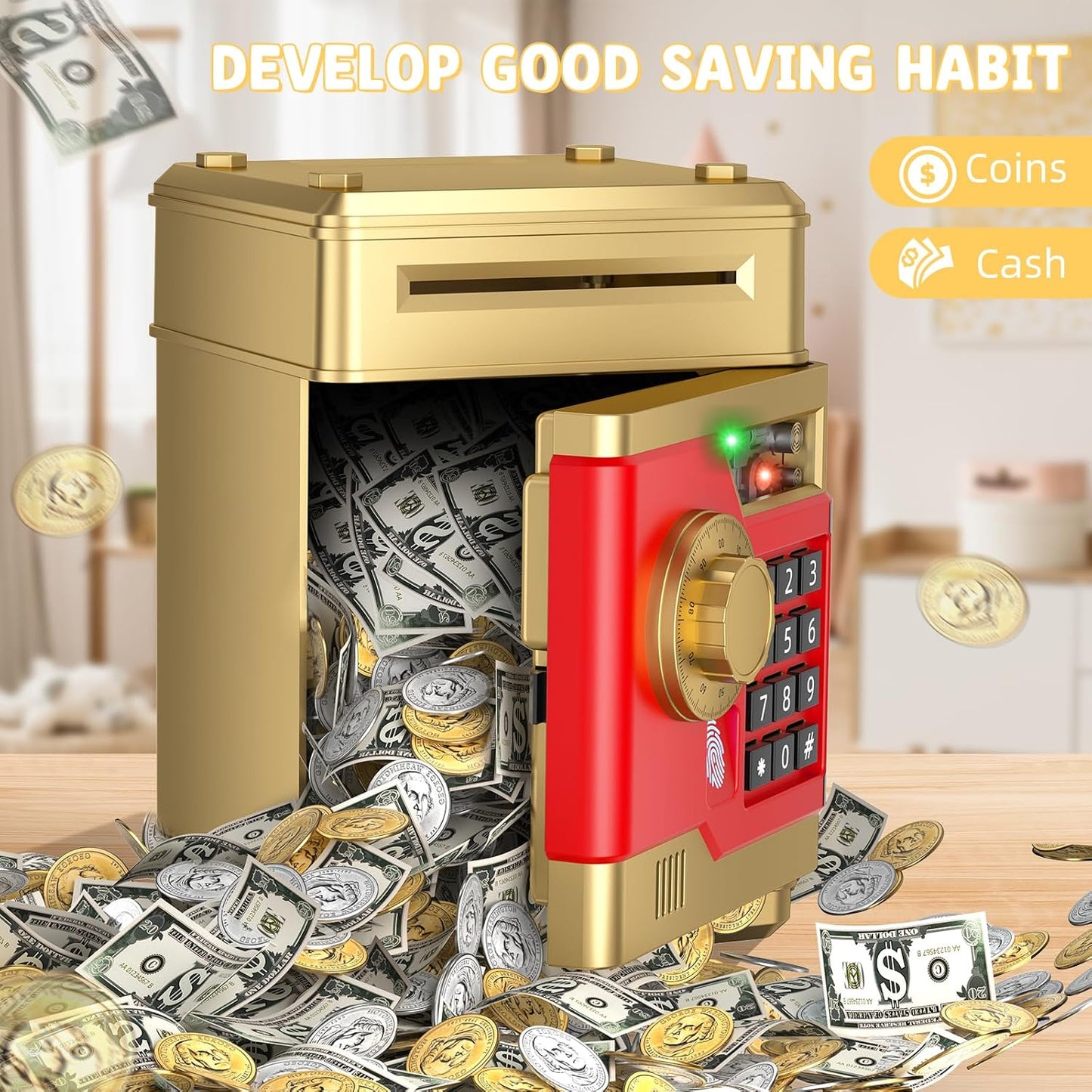 Piggy Bank, Automatic Electronic Piggy Bank for Kids Boys Girls with Password and Fingerprint Unlocking Simulation, Money Bank Kids Safe Toys for 3 4 5 6 7 8 9 10 Year Old Boy Girl (Black)