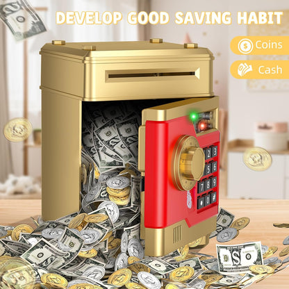 Piggy Bank, Automatic Electronic Piggy Bank for Kids Boys Girls with Password and Fingerprint Unlocking Simulation, Money Bank Kids Safe Toys for 3 4 5 6 7 8 9 10 Year Old Boy Girl (Black)