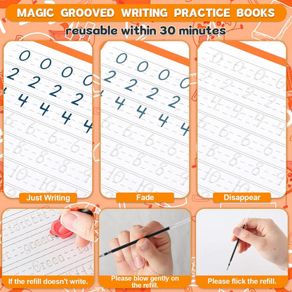 gisgfim 8 Pack Magic Grooved Writing Practice Books for Kids Reusable Magical Handwriting Workbooks with Disappearing Ink Pens Letter,Numbers,Math Tracing Copybook for Kindergarten Preschool Age 3-8