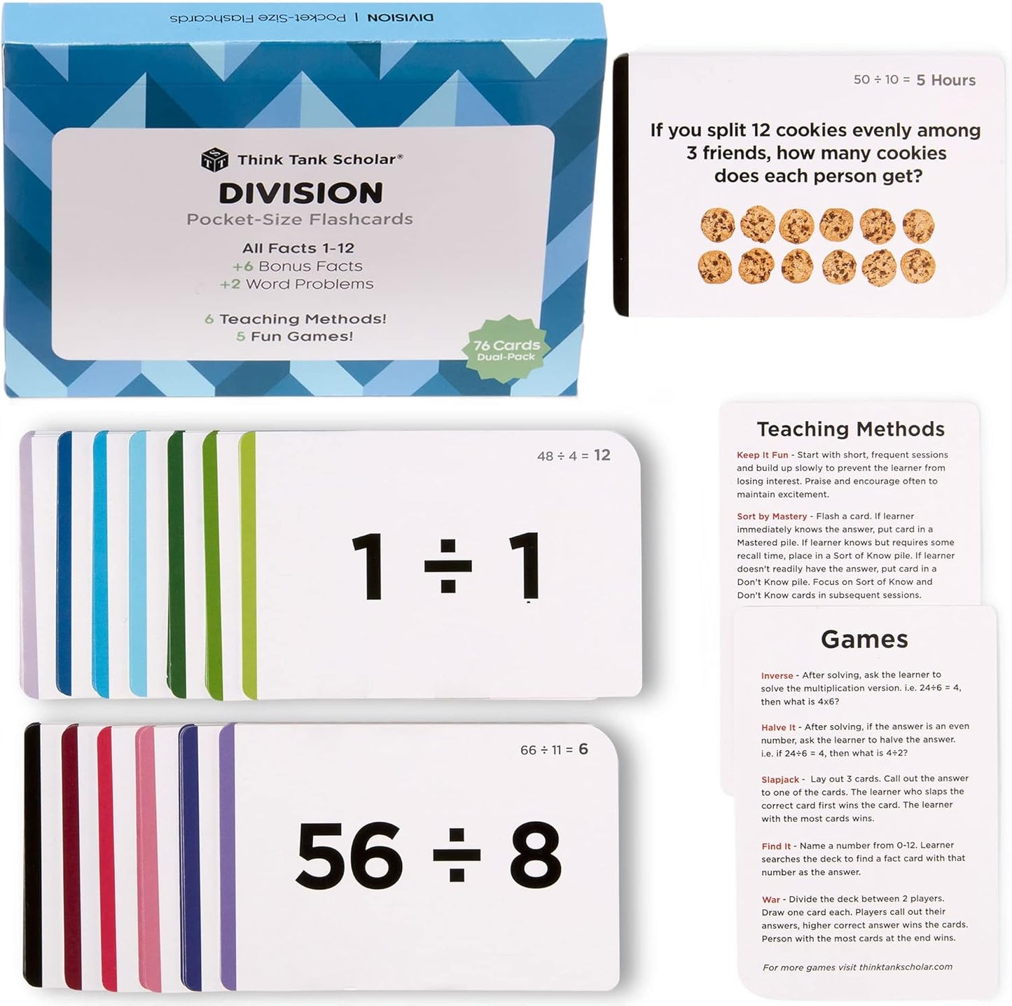 Think Tank Scholar Multiplication Flash Cards (150 Facts) Times Tables Flashcards - All Facts 1-12 for Kids in 3rd, 4th, 5th, 6th Grade - 6 Math Games & Teaching Methods for Classroom/Homeschool