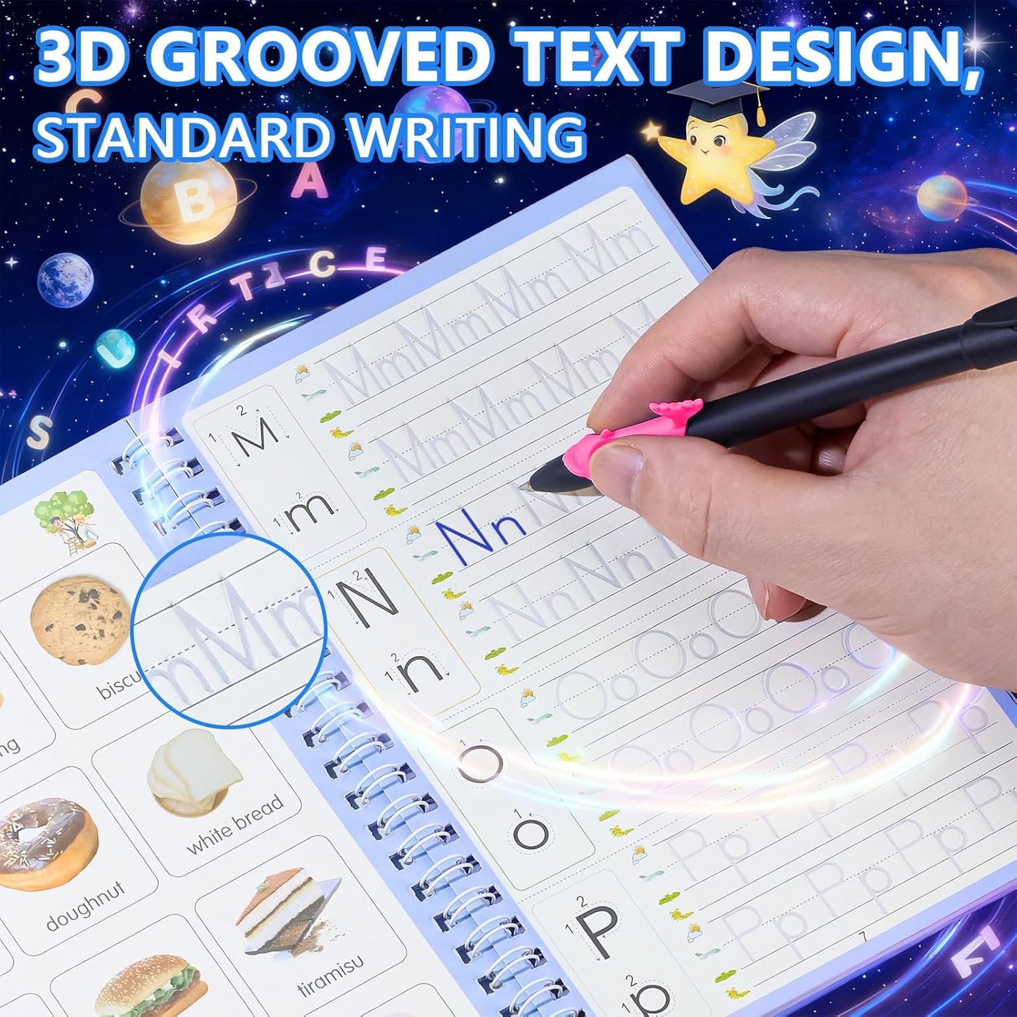 Magic Grooved Writing Practice Books, Handwriting Practice Magic Copybook for Kids Ages 3-8, Large Grooved Writing PracticeBook Aid Magic Pen Reusable Letter Learning Kit, Kindergarten Workbooks