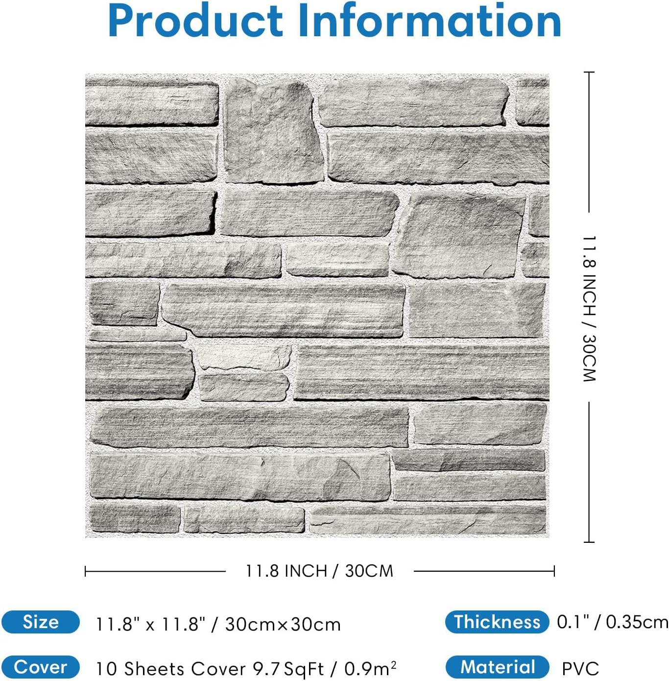 COMSTICKC 3D Faux Gray Stone Wall Sticker Peel and Stick Wall Panels,10 Pcs of 12"X12",Ultra-Light Thin PVC Decorative Tiles Rocks Stone Backsplash Interior Decor,Paintable