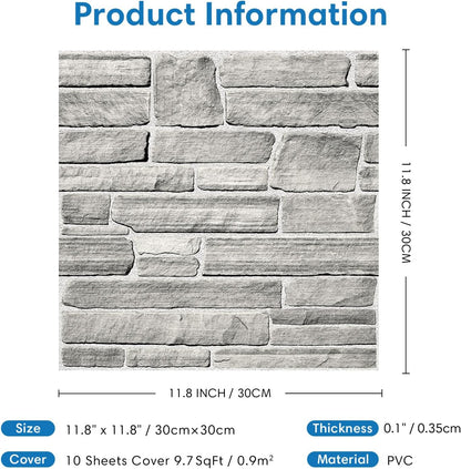 COMSTICKC 3D Faux Gray Stone Wall Sticker Peel and Stick Wall Panels,10 Pcs of 12"X12",Ultra-Light Thin PVC Decorative Tiles Rocks Stone Backsplash Interior Decor,Paintable