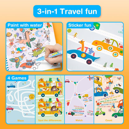 Avenir Reusable Water Coloring Book for Toddlers 3-5 – Mess-Free Paint-with-Water Travel Toy Airplane Activities Road Trip Quiet Book, Water-Reveal Activity Pad, 3-in-1 Creative Set