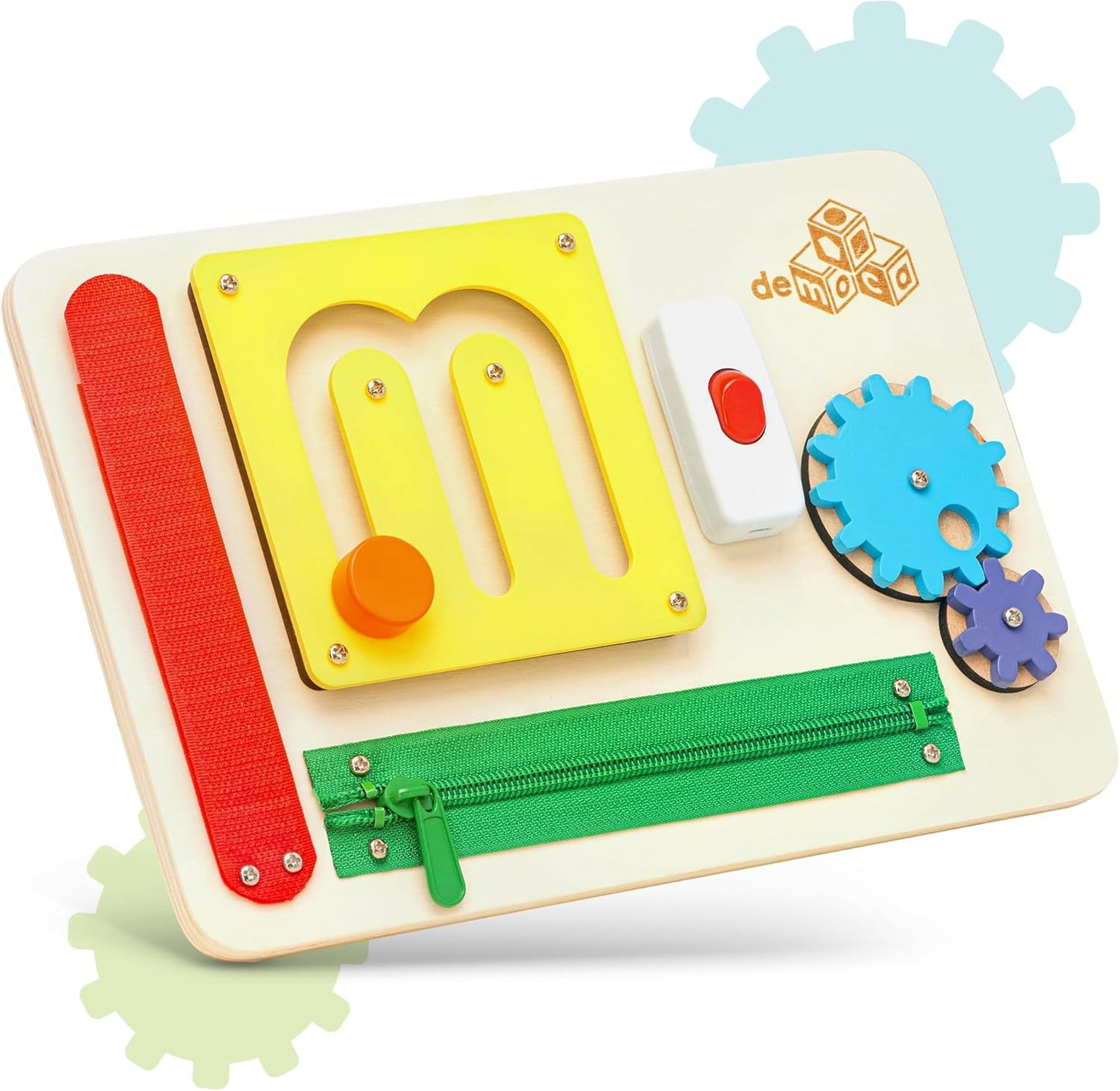 deMoca Toddler Busy Board for 1 Year Old, Travel Baby Wooden Montessori Busy Board for Toddlers 1–3, Switch and Fidget Activities for Early Motor Skills and Travel Play