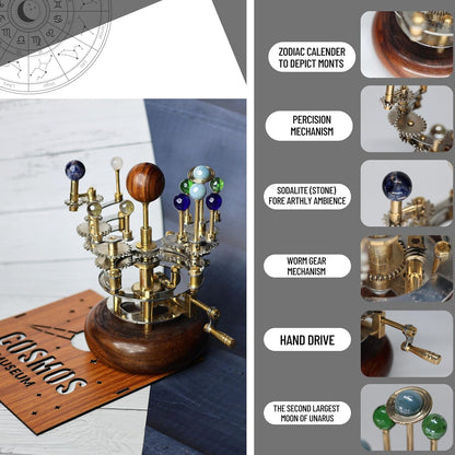 Luxury Vintage Brass Orrery – Exquisite Brass Planetary Gear Mechanism | Astronomical Desk Ornament | Solar System Model (8" Mercury, Venus, Earth, Mars, Uranus & Moons)