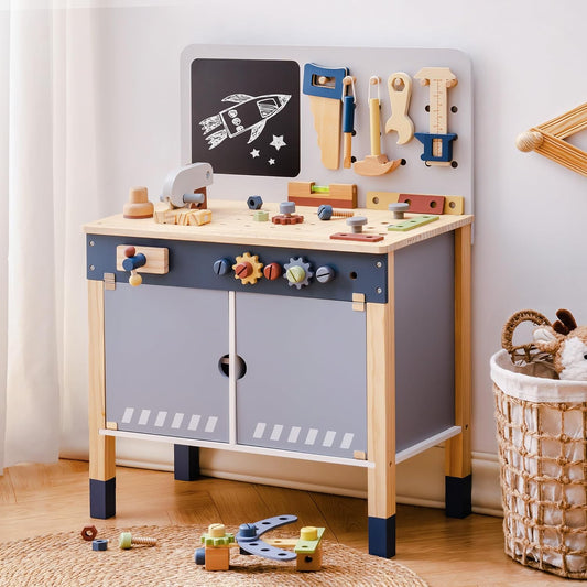 ROBOTIME Kids Tool Bench, Wooden Tool Workbench for Toddler, Tool Bench with Play Tools Set and Large Storage Space, Toy Workbench Workshop for Boys and Girls, Gift for Ages 3+
