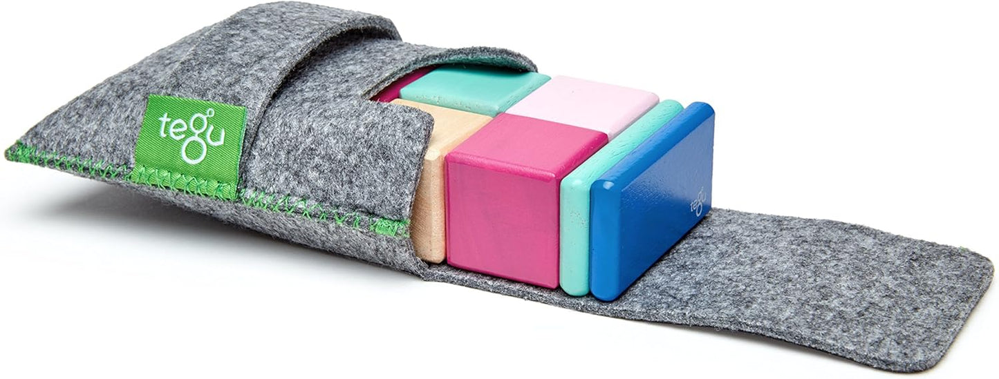8 Piece Tegu Pocket Pouch Magnetic Wooden Block Set, Tints