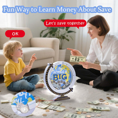 Wooden Globe Piggy Bank for Boys Kids Girls Clear Real Money Coin Bank Toy Toddler Birthday