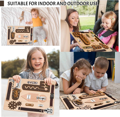 Montessori Busy Board for Toddlers, Wooden Sensory Toys, Preschool Learning Activities for Fine Motor Skills Travel Toy, Basic Life Skills Educational Gifts for 1 2 3 Years Old Kids Boys Girls