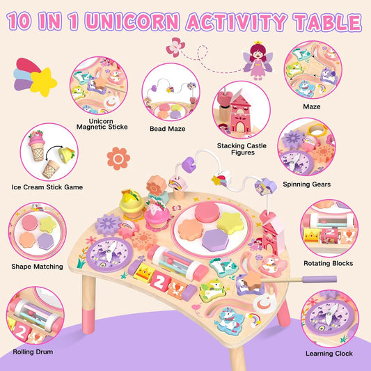 Wooden Activity Table for Toddlers 1-3, Unicorn 10-in-1 Montessori Busy Board with Bead Maze Shape Matching Gears Clock, Sensory Learning Toys for 1 2 3 Year Old Girls Boys Birthday Gift