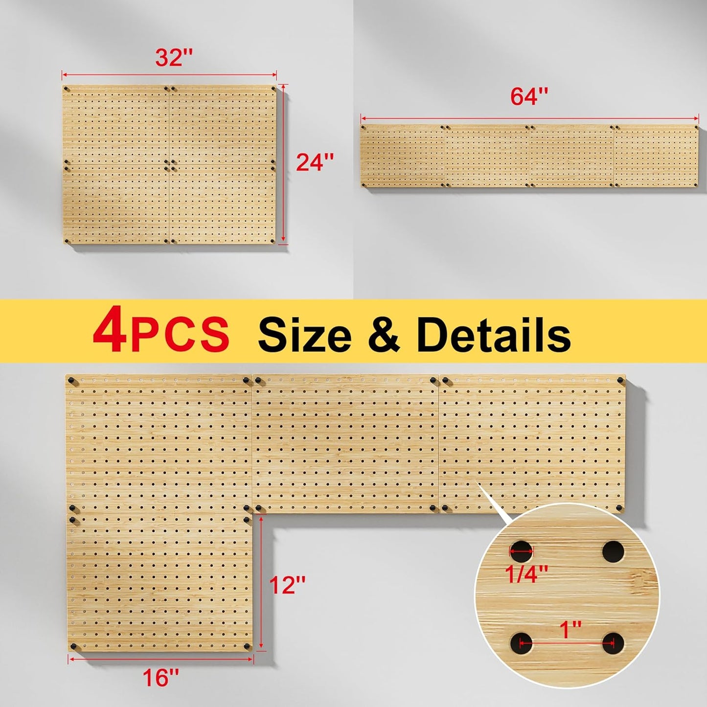 VOIMO Bamboo Pegboard Organizer Set, 6 Panels (16"x12") with 48 Hooks – Eco-Friendly Wall Mounted Storage Rack for Tools, Crafts & Office – Natural Bamboo Pegboard System with Accessories