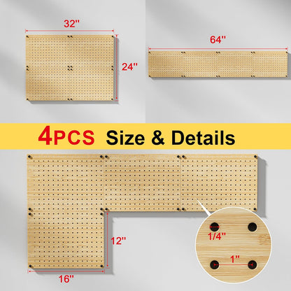 VOIMO Bamboo Pegboard Organizer Set, 6 Panels (16"x12") with 48 Hooks – Eco-Friendly Wall Mounted Storage Rack for Tools, Crafts & Office – Natural Bamboo Pegboard System with Accessories