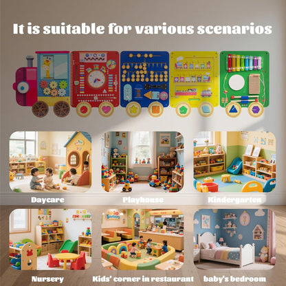 Train Activity Wall Busy Board,Wooden Busy Board Train Activity Wall Panels,Montessori Sensory Wall Toys Panel for Kids, Learning Activity Center for Playroom,3 Years Old and Over