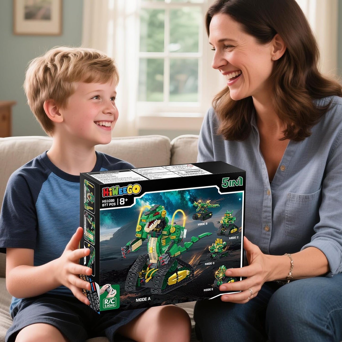 HiWEEGO RC Dinosaur Building Toy with Light, 5 in 1 Remote Controll Building Block Kit, 877 PCS Tech Rechargeable Dinosaur Robot Toys Easter Birthday for Kids Boys Age 8 9 10 11 12+