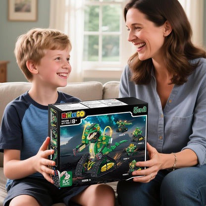 HiWEEGO RC Dinosaur Building Toy with Light, 5 in 1 Remote Controll Building Block Kit, 877 PCS Tech Rechargeable Dinosaur Robot Toys Easter Birthday for Kids Boys Age 8 9 10 11 12+