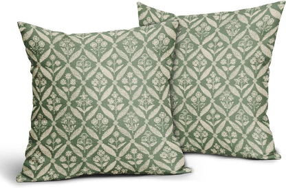 Blue Green Floral Block Print Pillow Covers 12X20 Set of 2, Flower Pattern Spring Summer Print Decorative Throw Pillow Covers Outdoor Farmhouse Seasonal Cushion Case Couch Sofa Bed Decor