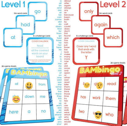 THE BAMBINO TREE Sight Word Bingo Game Level 1 and 2 - Educational Games for Kids - Learn to Read Vocabulary for Kindergarten 1st Grade - Dolch's Fry's Words Lists