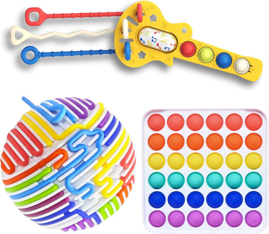 OmniHaven™ 3-Pack Sensory Fidget Toys for Kids (Ages 5–12) – Quiet Pop It, Click Keyboard & Stress Balls – Classroom Calm Down Kit for Focus, ADHD, Travel, Party Favors & Gifts