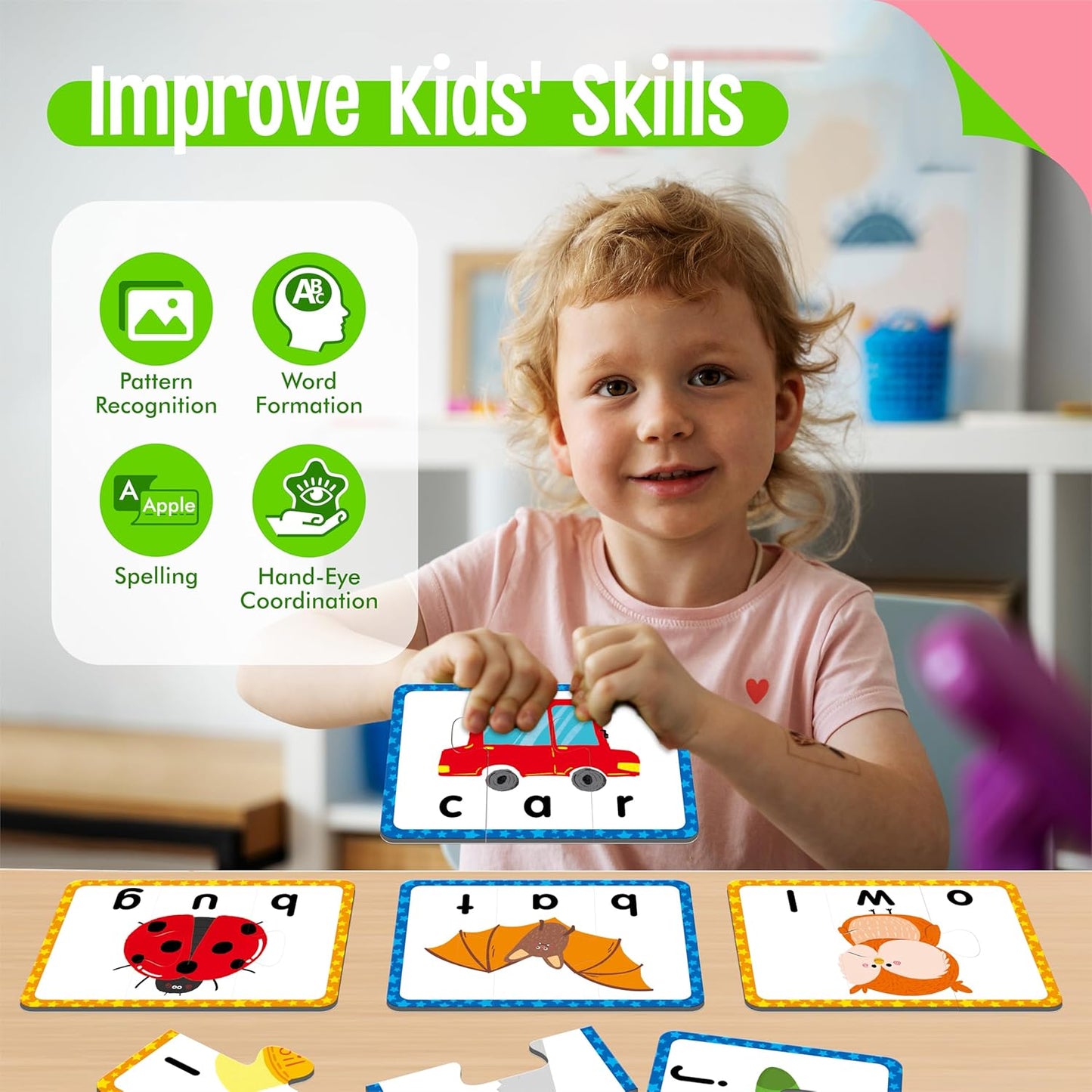 72 Word Spelling Puzzles with Error-Correction Mechanism in 3 Pieces, Perfect for Preschool Learning (36 Block Double Sided)