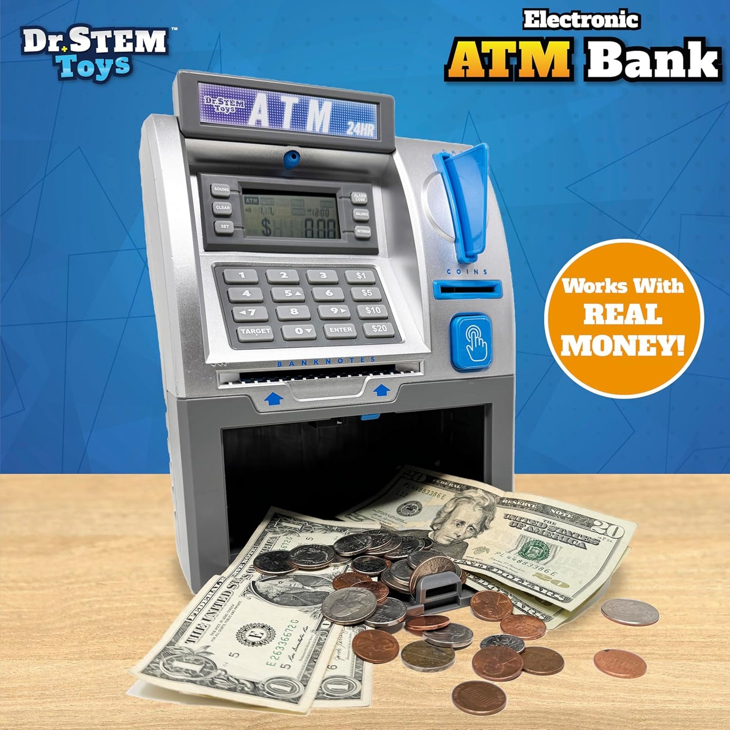 Dr. STEM Toys - Kids ATM Savings Bank – Electronic Piggy Bank with Bill Feeder, Coin Counter, and LCD – Educational STEM Toy for Children 5-12