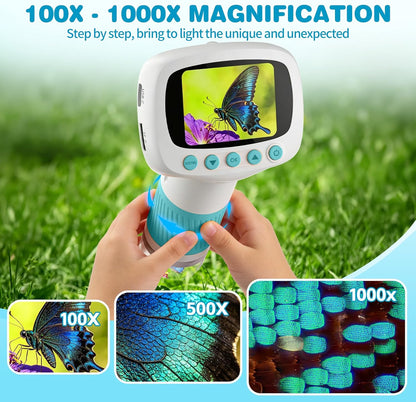 Pocket Kids Microscope for Over 3 Years Old, 1000X Handheld Microscope for Kids w/2''IPS Digital, Photo Video Mini Portable Microscopes, Science Edu Digiscope,Christmas Birthday Gifts for Kids