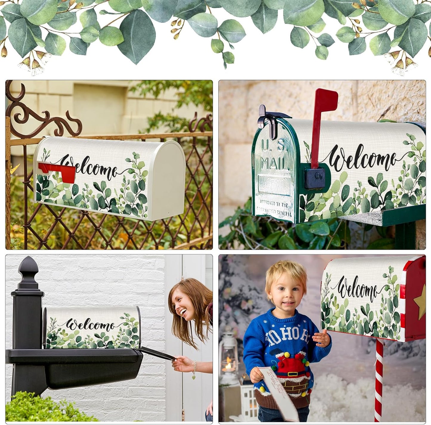 Tiamon Monogrammed L Mailbox Covers Magnetic Eucalyptus Welcome Letter Box Wrap Standard Size 21x18 Inch Spring Summer Leaves Mailbox Decor Eucalyptus Letter Numbers Decoration for Outdoor Garden Yard