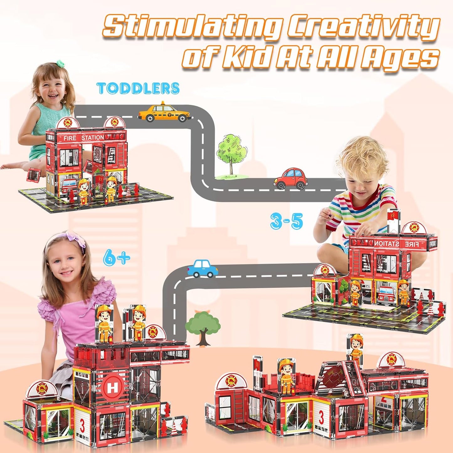 AFUNX Magnetic Tiles, 50PCS Police Station Theme Building Blocks Set, Magnet Building Blocks and STEM Preschool Toys for Toddlers Kids Ages 3-5 5-7 8-10