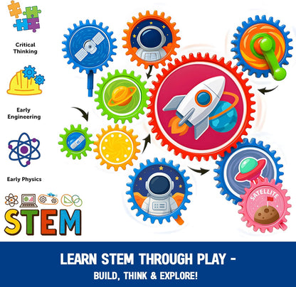 Motorized Spinning Gear Building Toys for Kids, Space Rocket STEM Construction Set, Educational Interlocking Building Blocks Puzzle | Gear Toys for Toddlers Ages 3-8