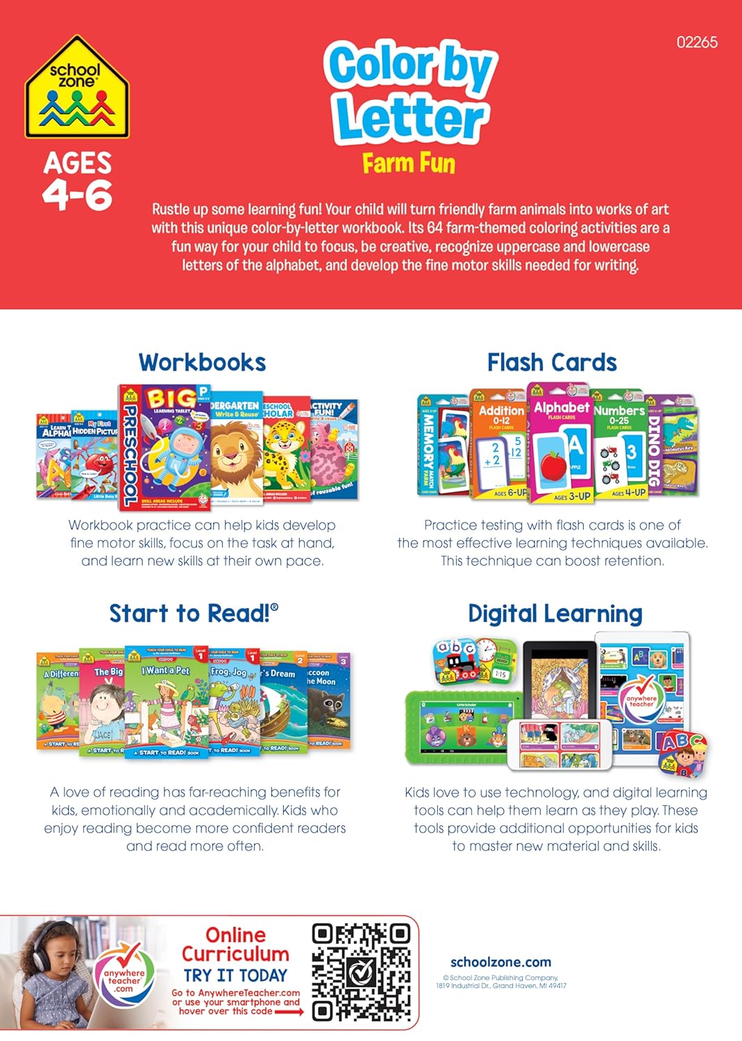 School Zone Color by Letter Farm Fun Workbook: 64 Pages, Preschool, Kindergarten, 1st Grade, ABC's, Alphabet, Color Skills, Coloring, Matching, Farm Animals, Ages 4-6 (Activity Zone Book Series)