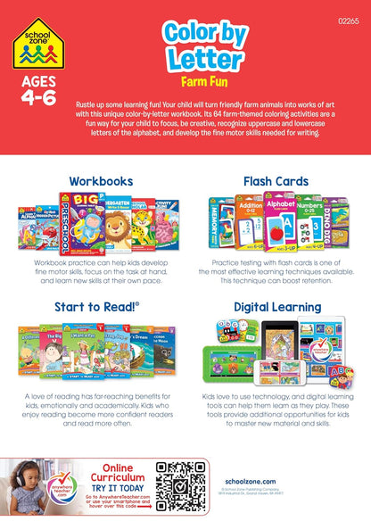 School Zone Color by Letter Farm Fun Workbook: 64 Pages, Preschool, Kindergarten, 1st Grade, ABC's, Alphabet, Color Skills, Coloring, Matching, Farm Animals, Ages 4-6 (Activity Zone Book Series)