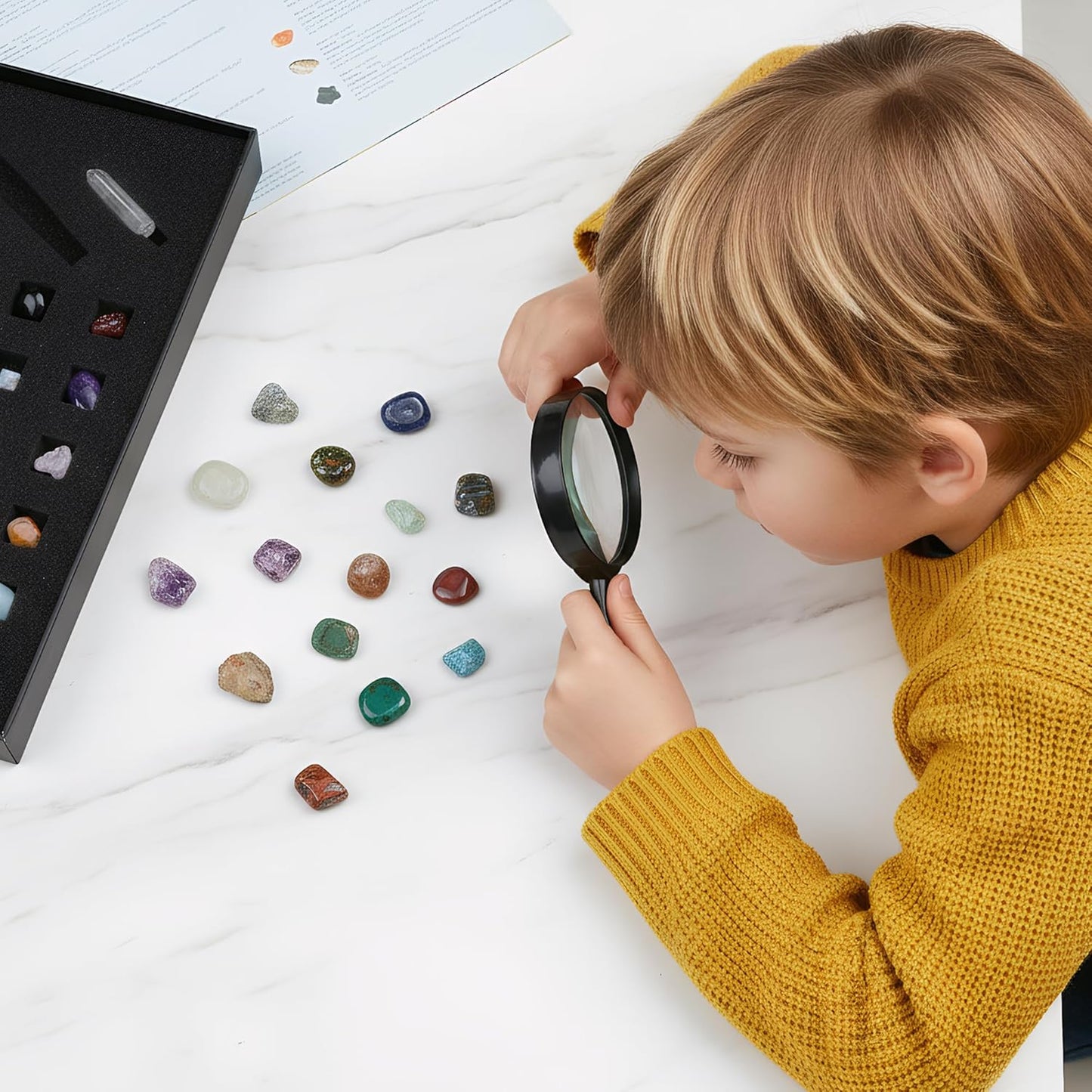 Natural Crystal Mineral Collection Kit - 43 Pcs Natural Rocks & Gemstones with Magnifying Glass, Pen & Crystal Guidebook, Geoscience Starter Collection Set for Kids & Adults Rock Enthusiasts