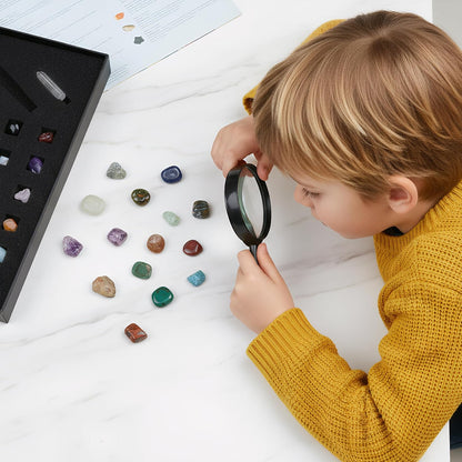 Natural Crystal Mineral Collection Kit - 43 Pcs Natural Rocks & Gemstones with Magnifying Glass, Pen & Crystal Guidebook, Geoscience Starter Collection Set for Kids & Adults Rock Enthusiasts