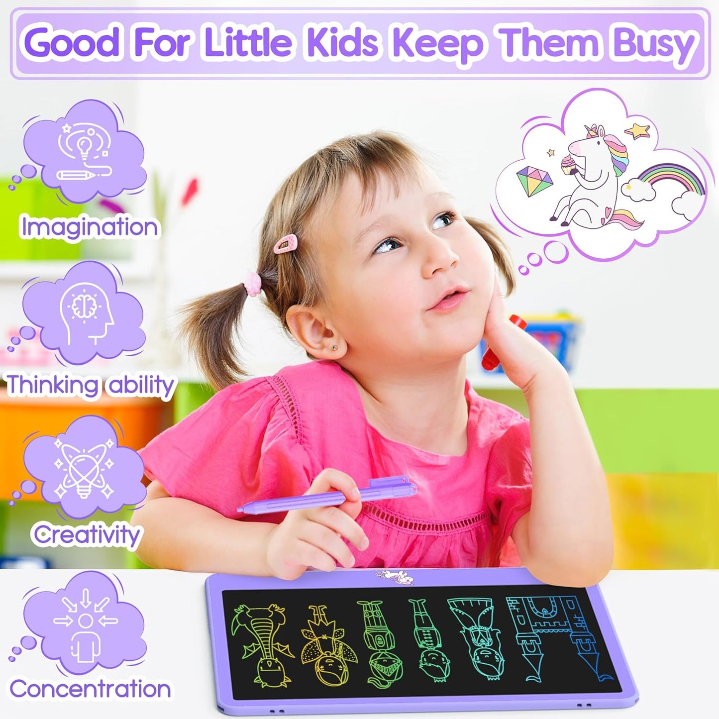 Hockvill LCD Writing Tablet for Kids 16 Inch, Toys for Girls Boys Drawing Pad for 3 4 5 6 7 Year Old Kids Toys, Christmas Birthday Gift for Kids, Toddler Doodle Board Travel Essentials - Pink