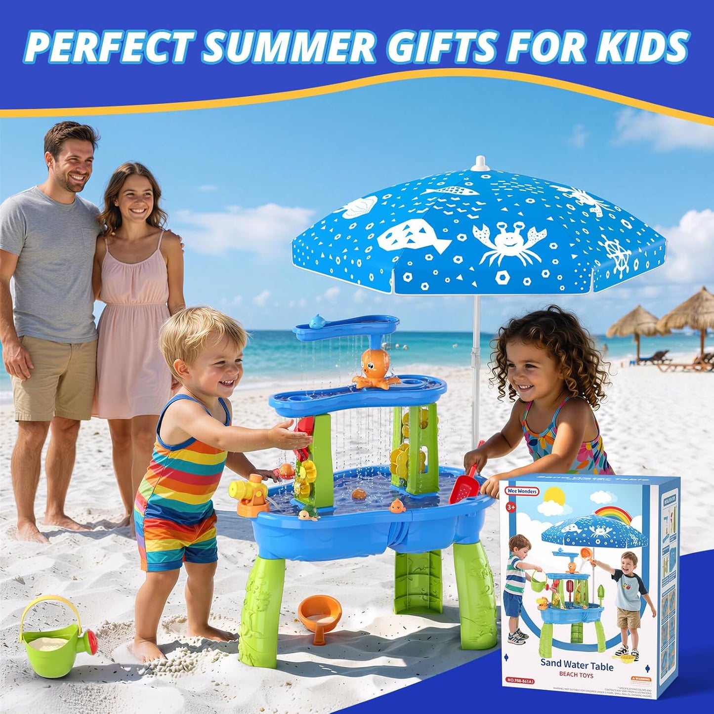 Wee Wonders 3-Tier Water Table for Toddlers, Kids Sand Water Table with Adjustable Umbrella, Sand Toys & Fishing Game, Sensory Table Activity Playset for Outdoor Beach, Summer Toys for Girls Boys 3-5