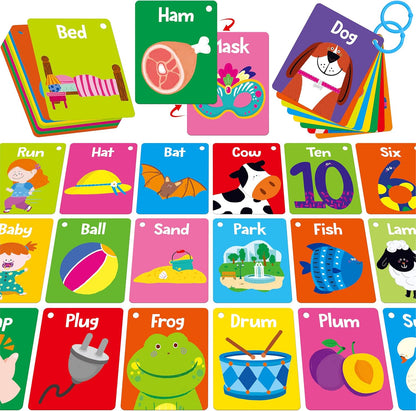 50 PCS Kid First Cognitive Flashcards,Double Sided Printed 7 in 1 Colorful Cards Alphabet,Numbers, Foods,Animals,Shapes,Colors with 3 Reclosable Rings,Learning Tool for Pre-K Kindergarten Toddlers