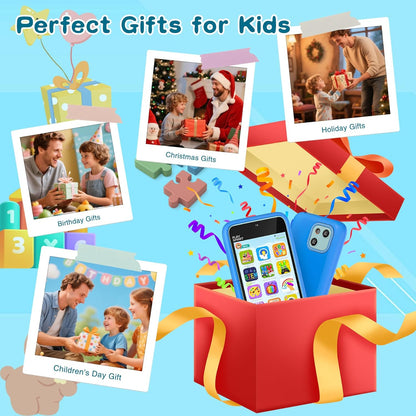Kids Toy Phones with Dual Camera, Learning Toys Phones Gifts for Kid 3-12 with 200+ Educational Puzzle Games, 4" Touchscreen Rechargeable Blue Child Smartphones with Parental Control