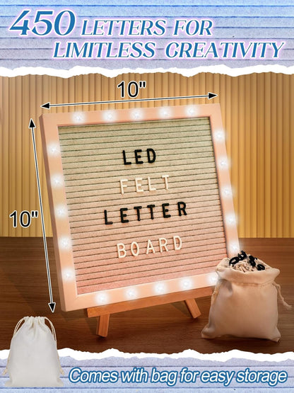 Changeable Felt Letter Board with LED Lights - 10×10" Message Custom Signs & Wood Stand & 450 Letters, Poster Board for Baby/Pregnancy Announcement/Classroom Wall Graduation Decor Gifts, Camel