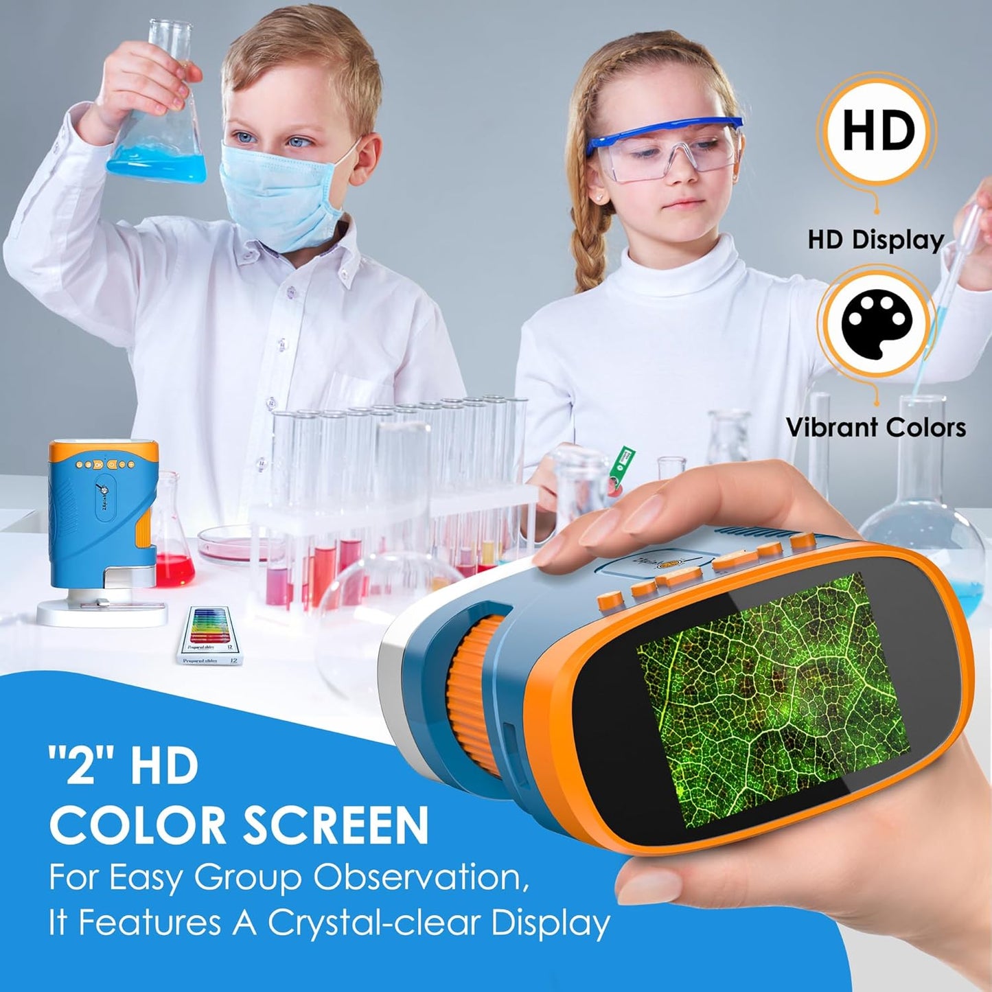 1000X Rechargeable Handheld Digital Microscope for Kids – Portable STEM Science Toy Gift with Carrying Case and USB Camera, 12 Prepared Slides, Adjustable Stand (Galaxy Blue)